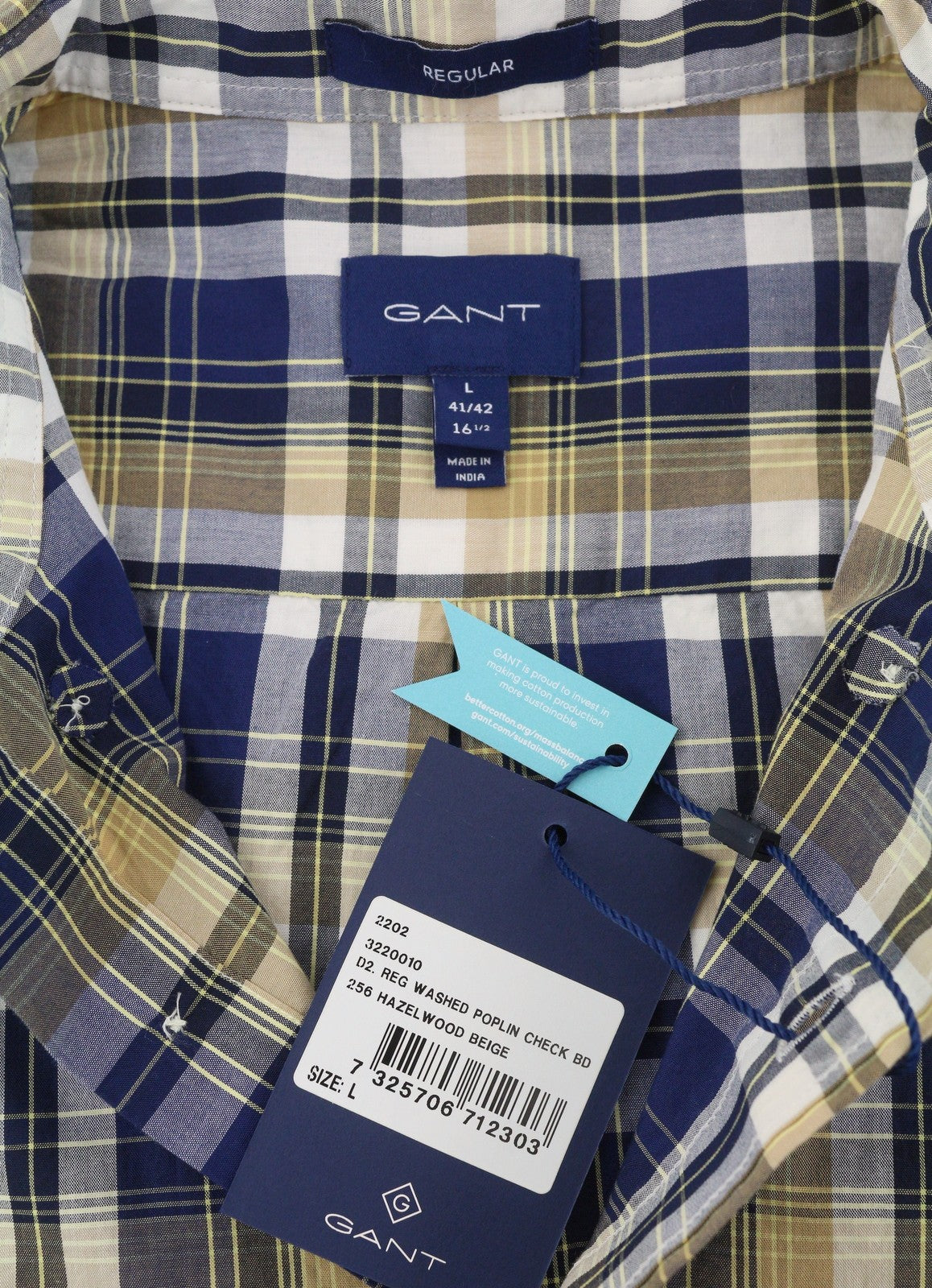 GANT Reg Washed Poplin Check Men Shirt L Hazelwood Beige Button-Up Casual
