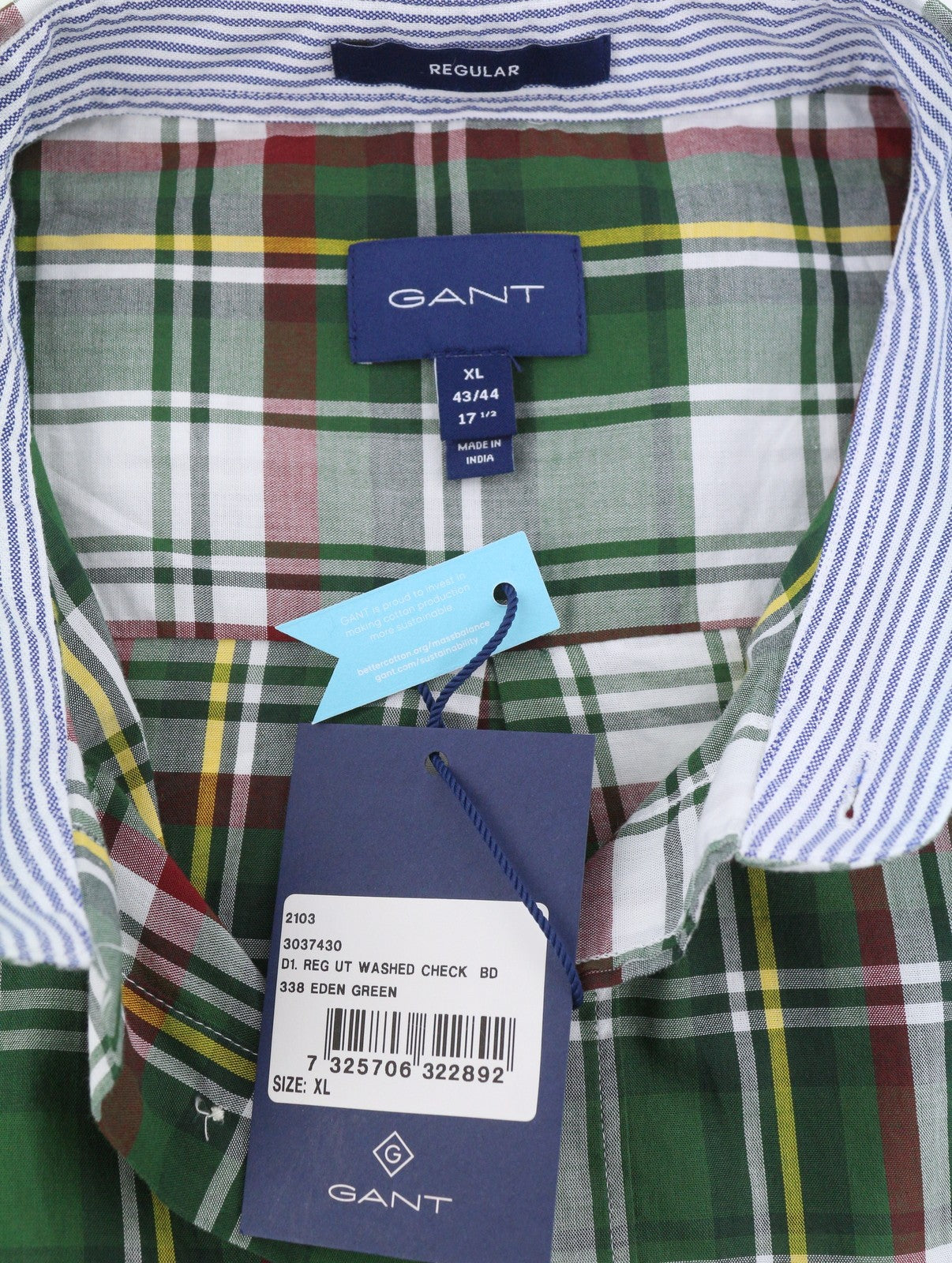 GANT Reg UT Washed Check Men Shirt XL Eden Green Button-Down Patch Pocket