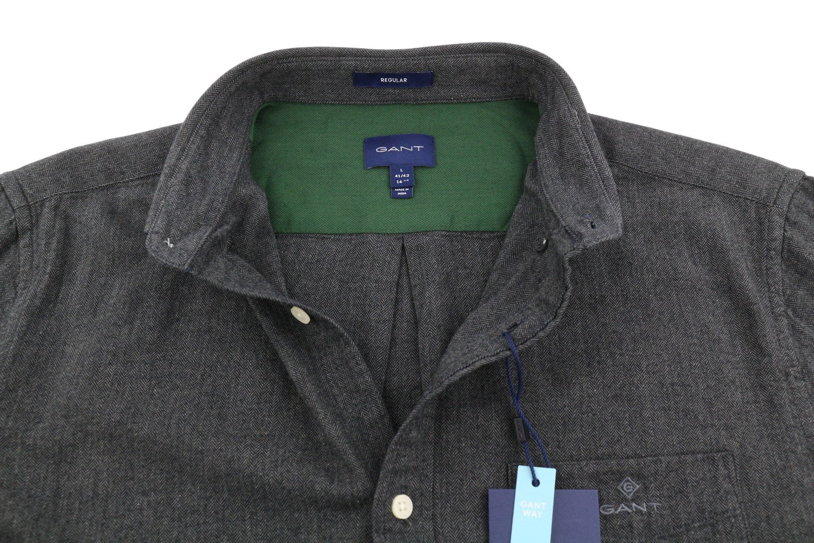 GANT Reg Herringbone Flannel BD Men Shirt L Charcoal Melange Button-Down