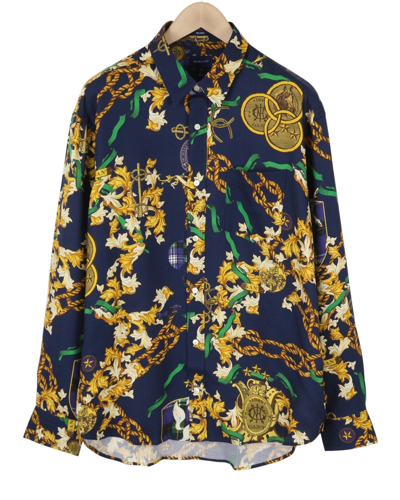 GANT Rel Chain Print Lyocell Town Men Shirt L Evening Blue Relaxed Button-Up