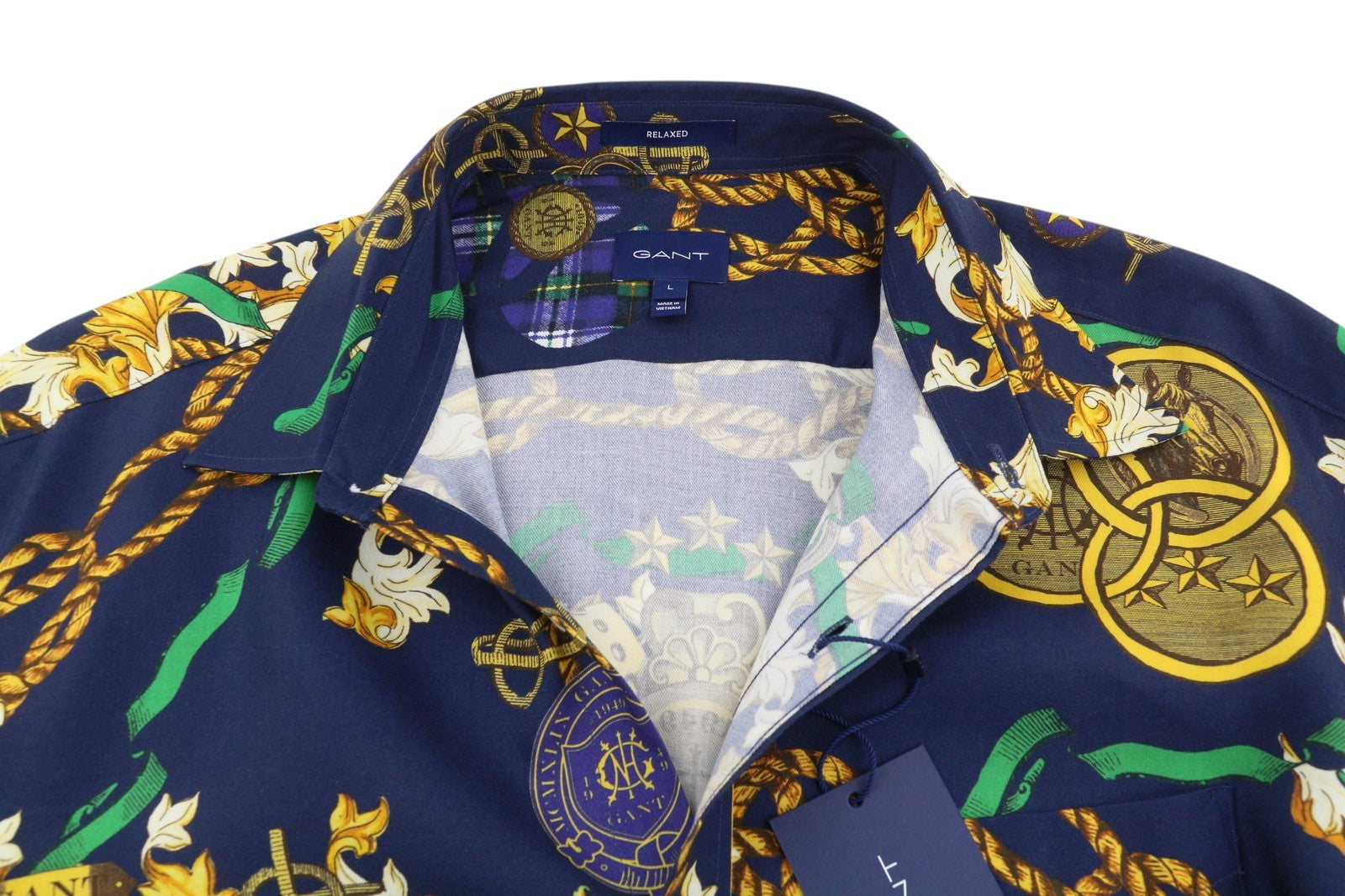 GANT Rel Chain Print Lyocell Town Men Shirt L Evening Blue Relaxed Button-Up