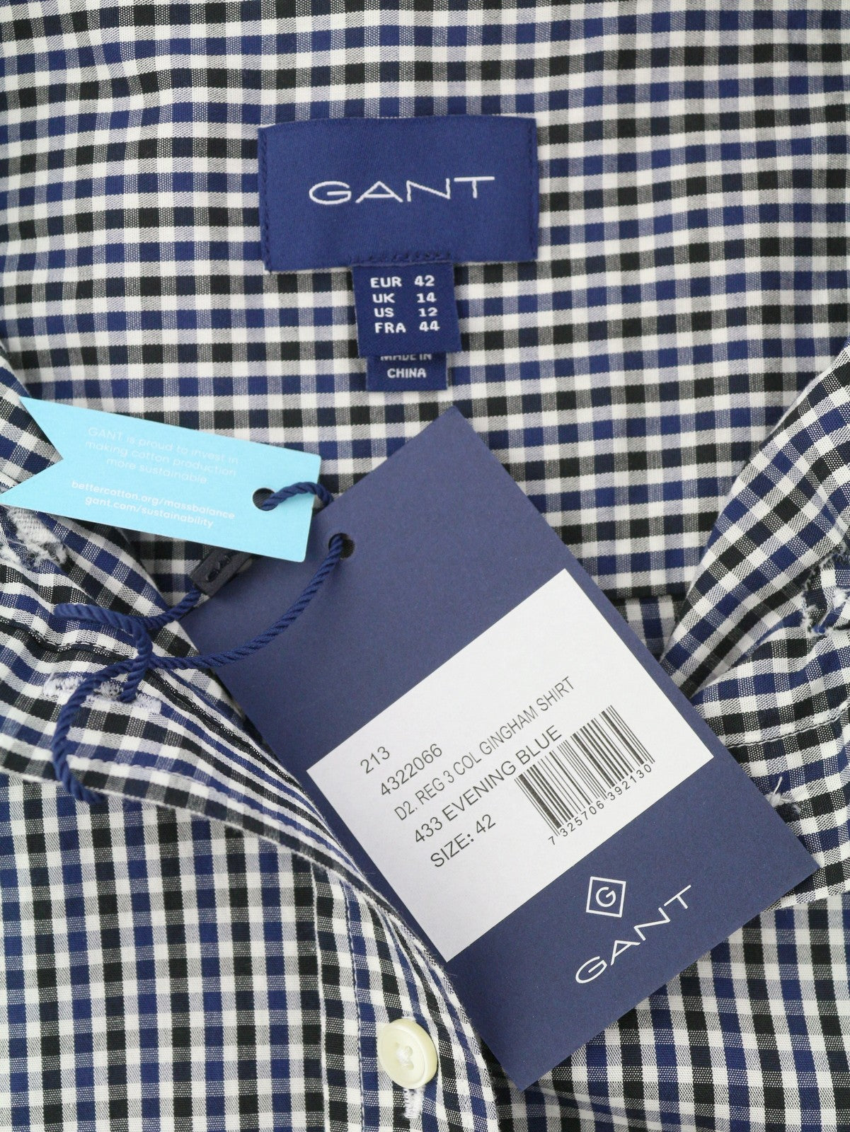 GANT Reg 3 Col Gingham Women Shirt EU42 Evening Blue Patch Pocket Button-Up