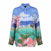 GANT Scenery Print Silk Women Shirt EU40 Geranium Pink Button-Up Spread Neck