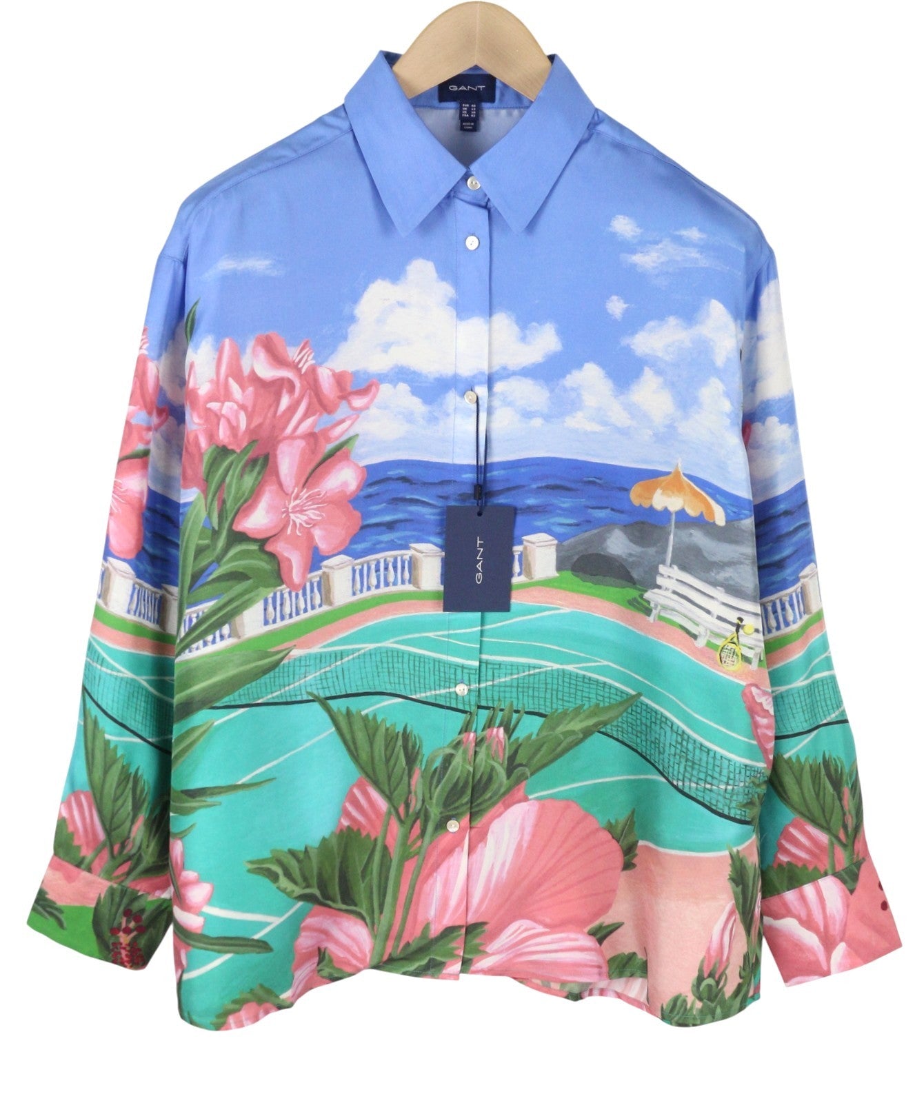 GANT Scenery Print Silk Women Shirt EU40 Geranium Pink Button-Up Spread Neck