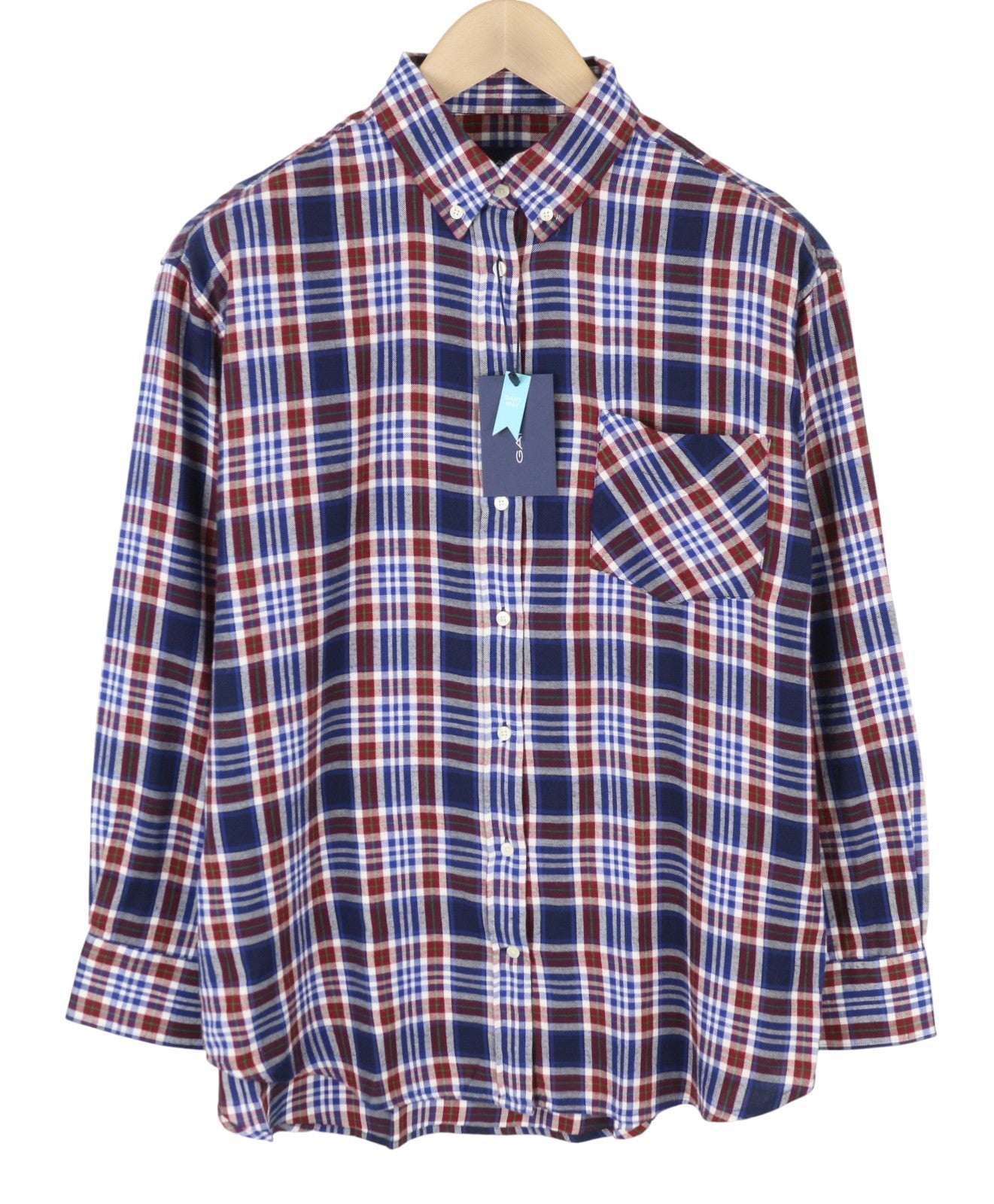 GANT Relaxed Check Flannel Women Shirt EU42 Classic Blue Button-Up Patch Pocket