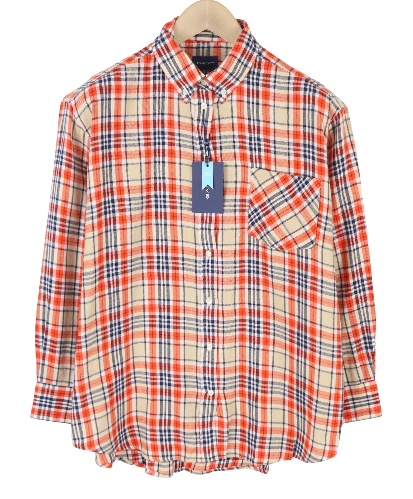 GANT Relaxed Check Flannel Women Shirt EU40 Dry Sand Button-Up Patch Pocket