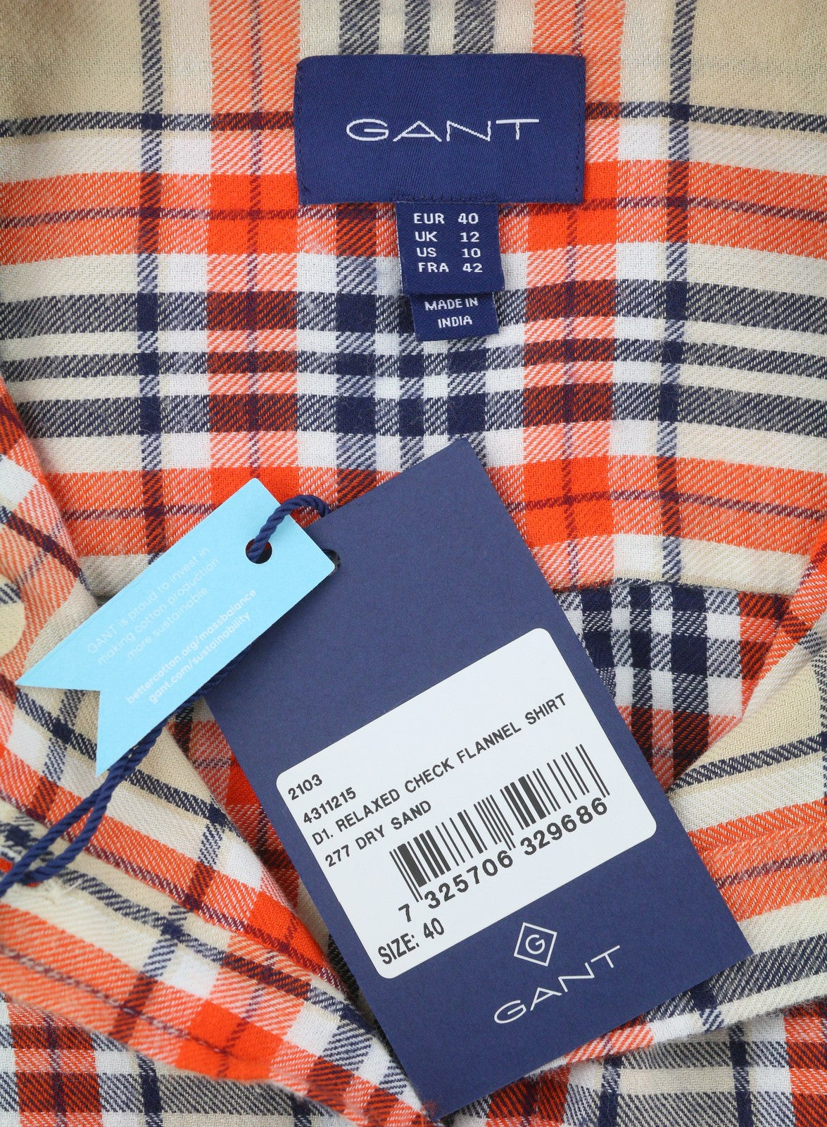 GANT Relaxed Check Flannel Women Shirt EU40 Dry Sand Button-Up Patch Pocket