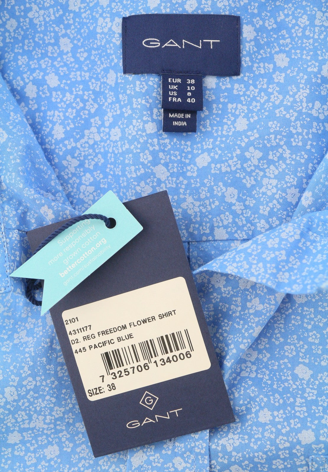 GANT Reg Freedom Flower Women Shirt EU38 Pacific Blue Button-Down Patch Pocket