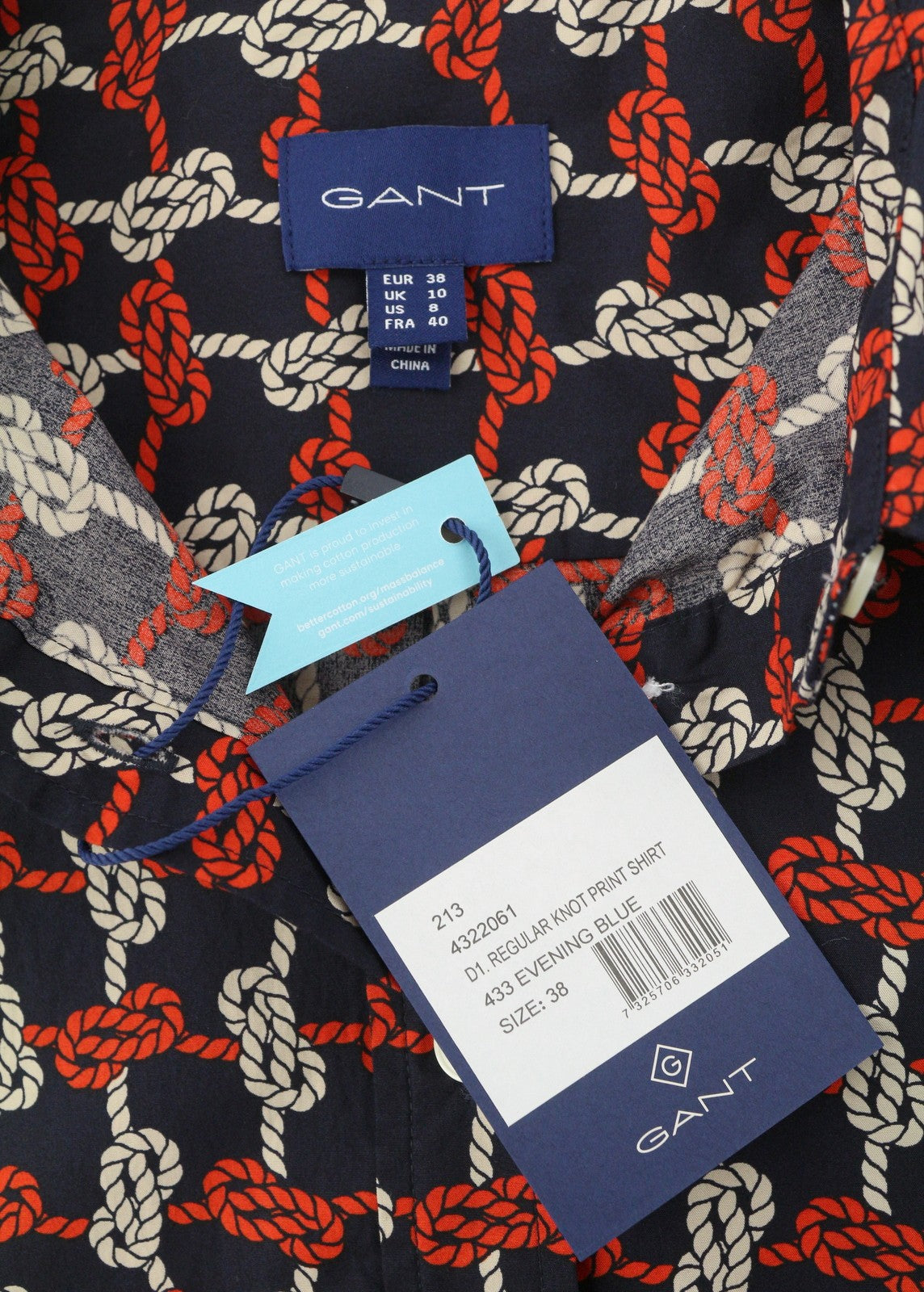 GANT Regular Knot Print Women Shirt EU38 Evening Blue Button-Up Spread Casual