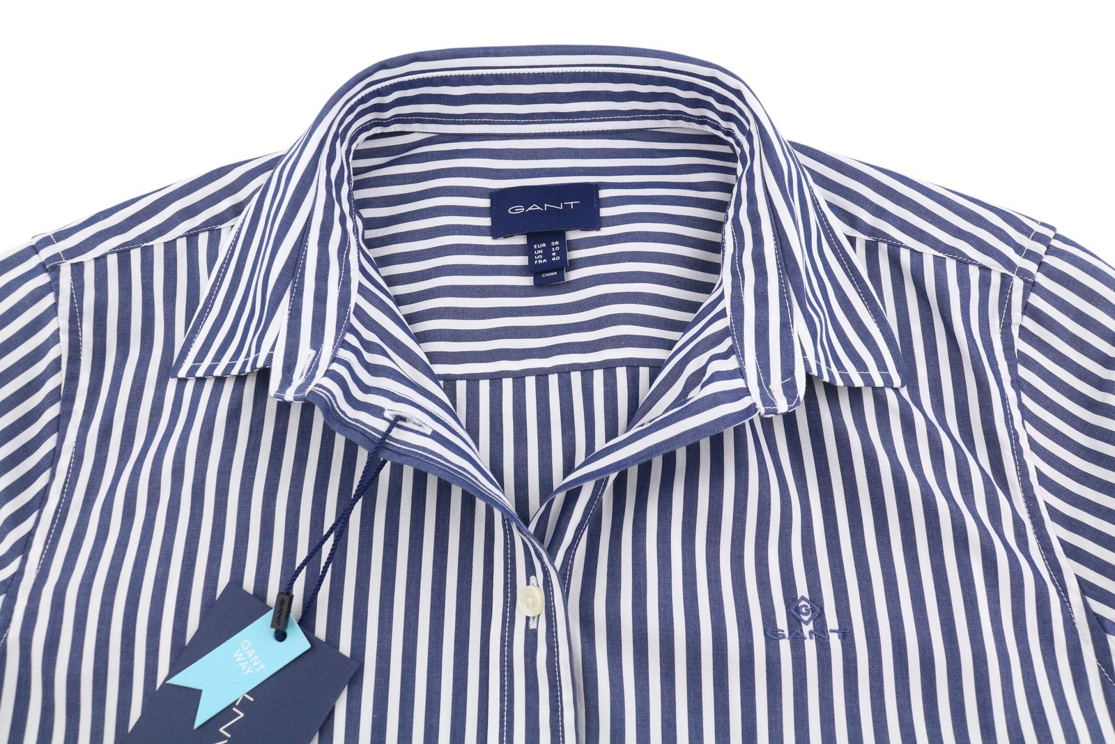 GANT The Broadcloth Striped Women Shirt EU38 Persian Blue Button Spread Casual