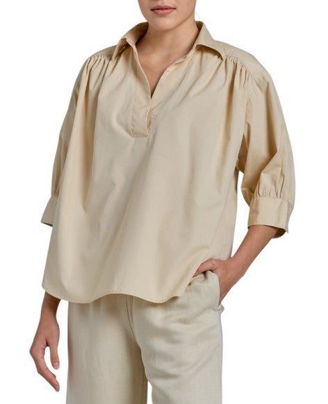 GANT Lux Poplin Popover Women Blouse EU44 Desert Beige Relaxed Cut 3/4 Sleeves