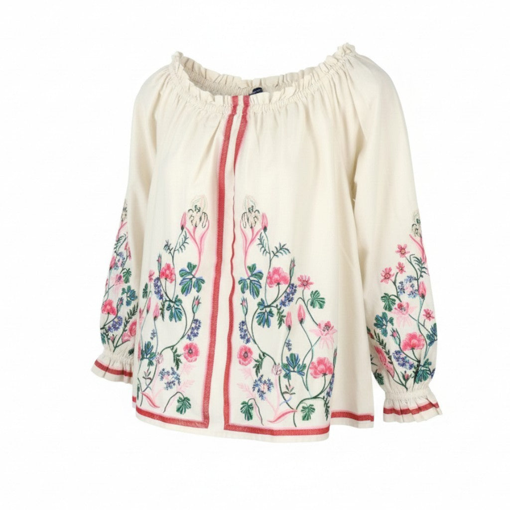 GANT Embroidered Wild Floral Women Blouse EU38 Eggshell Long Balloon Sleeves