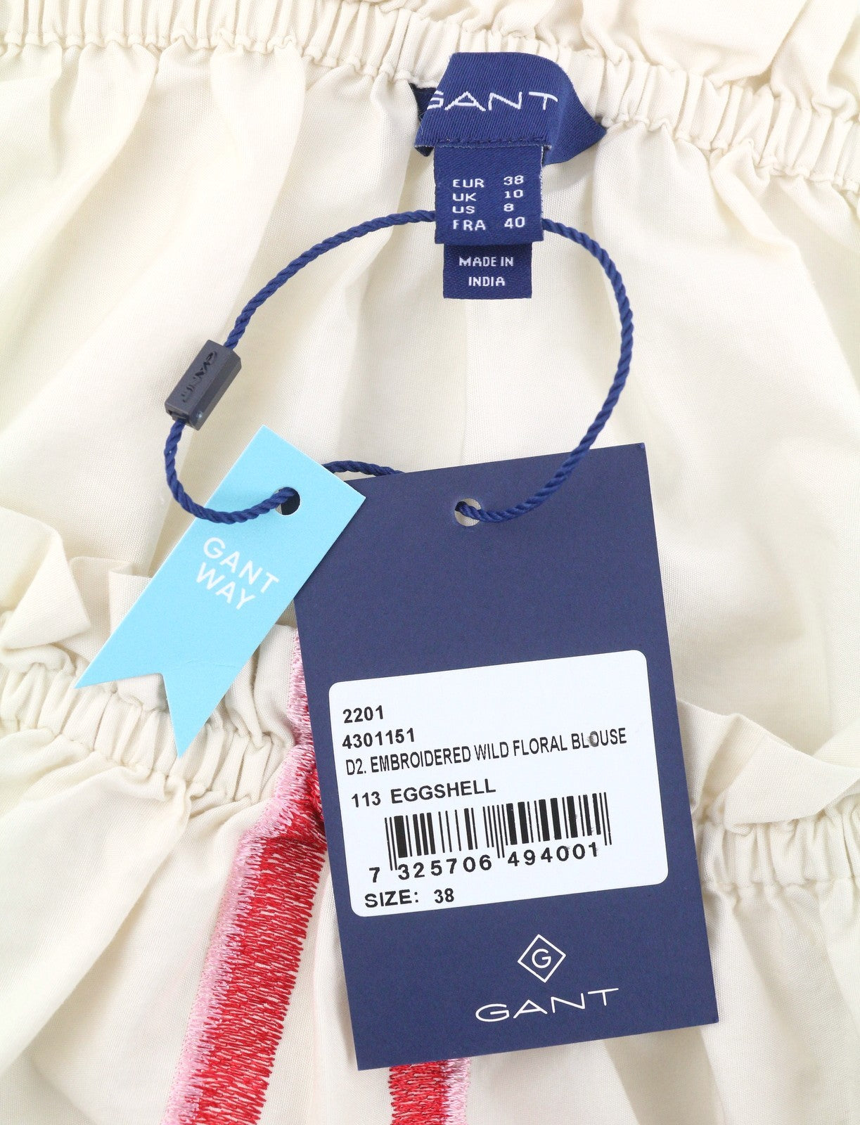 GANT Embroidered Wild Floral Women Blouse EU38 Eggshell Long Balloon Sleeves