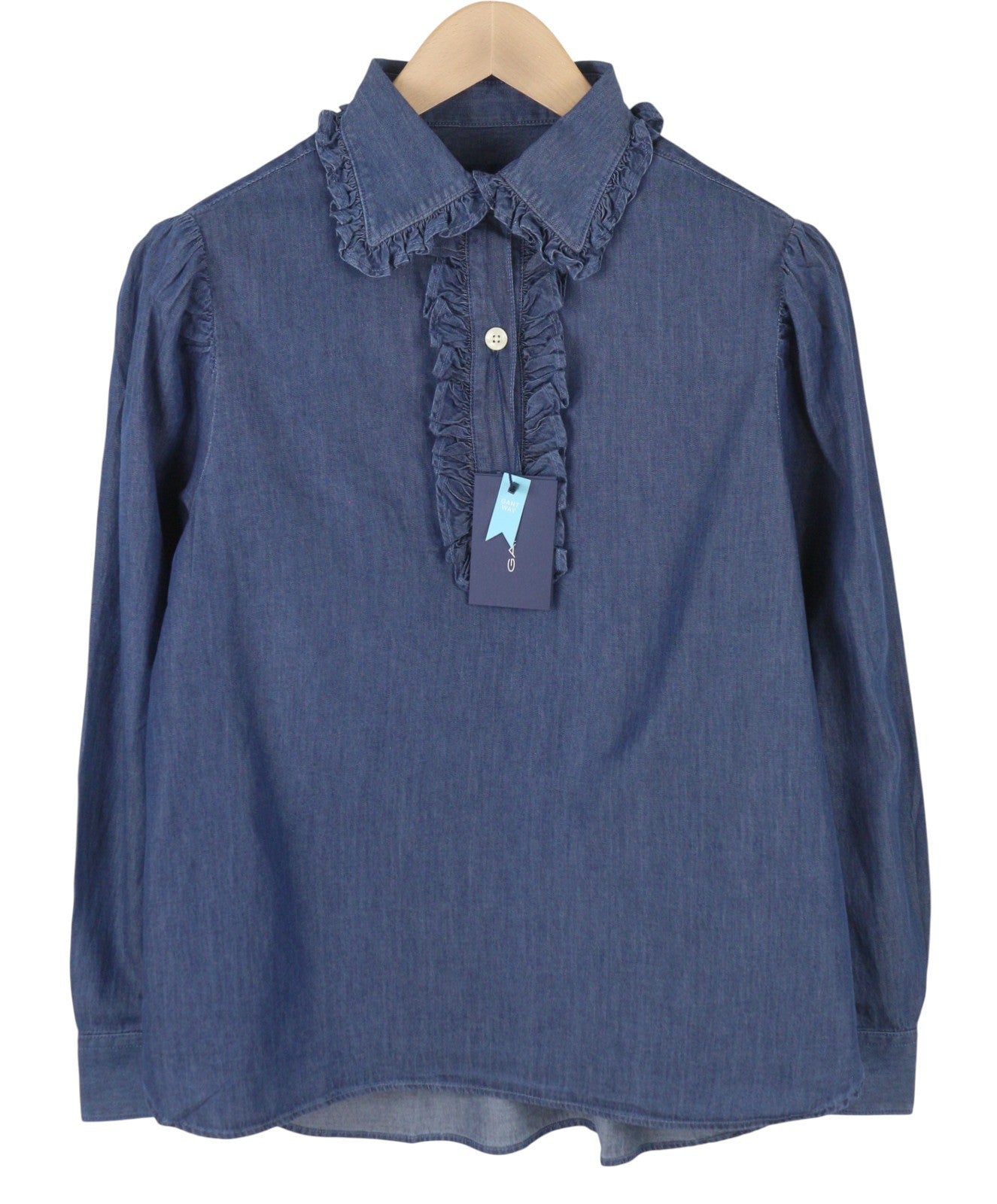 GANT Indigo Ruffle Women Shirt EU40 Indigo Half Button Spread Denim Look
