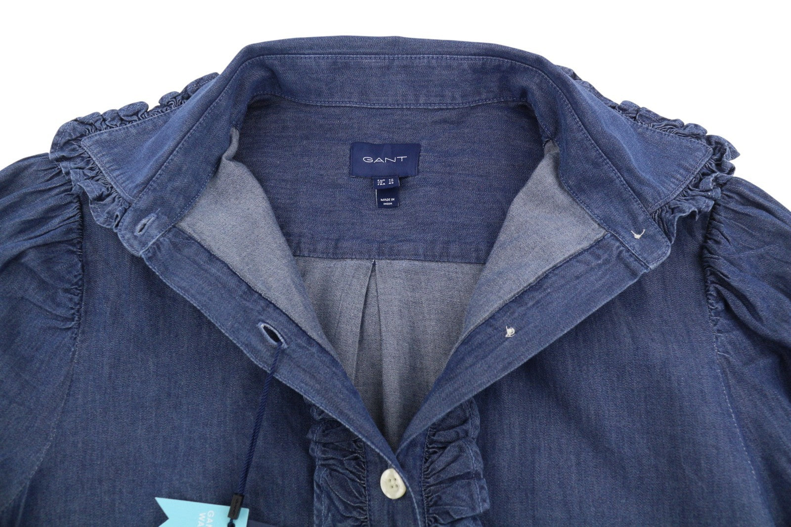 GANT Indigo Ruffle Women Shirt EU40 Indigo Half Button Spread Denim Look