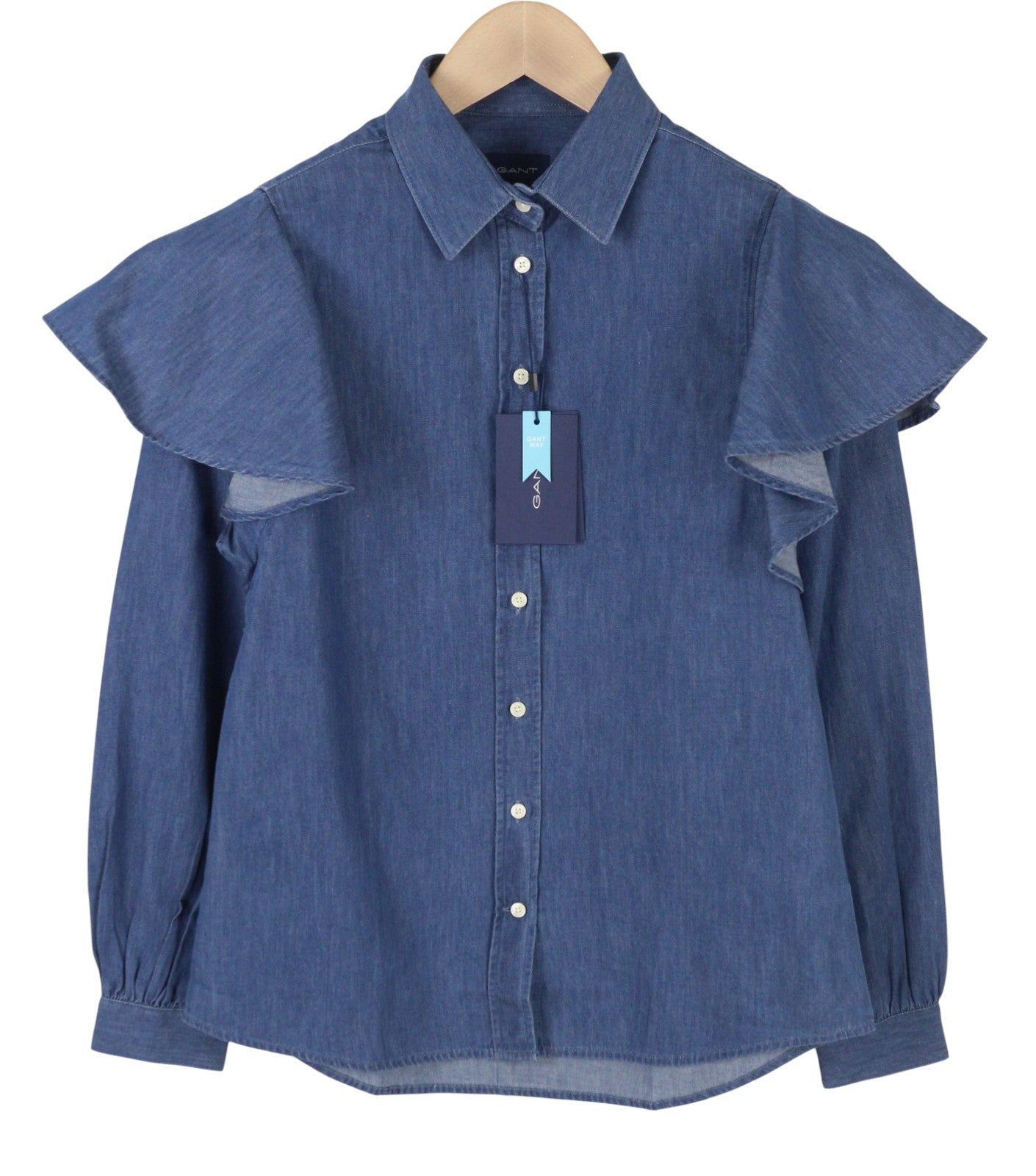 GANT Indigo Ruffle Puff Women Shirt EU34 Indigo Button-Up Spread Neck Denim Look