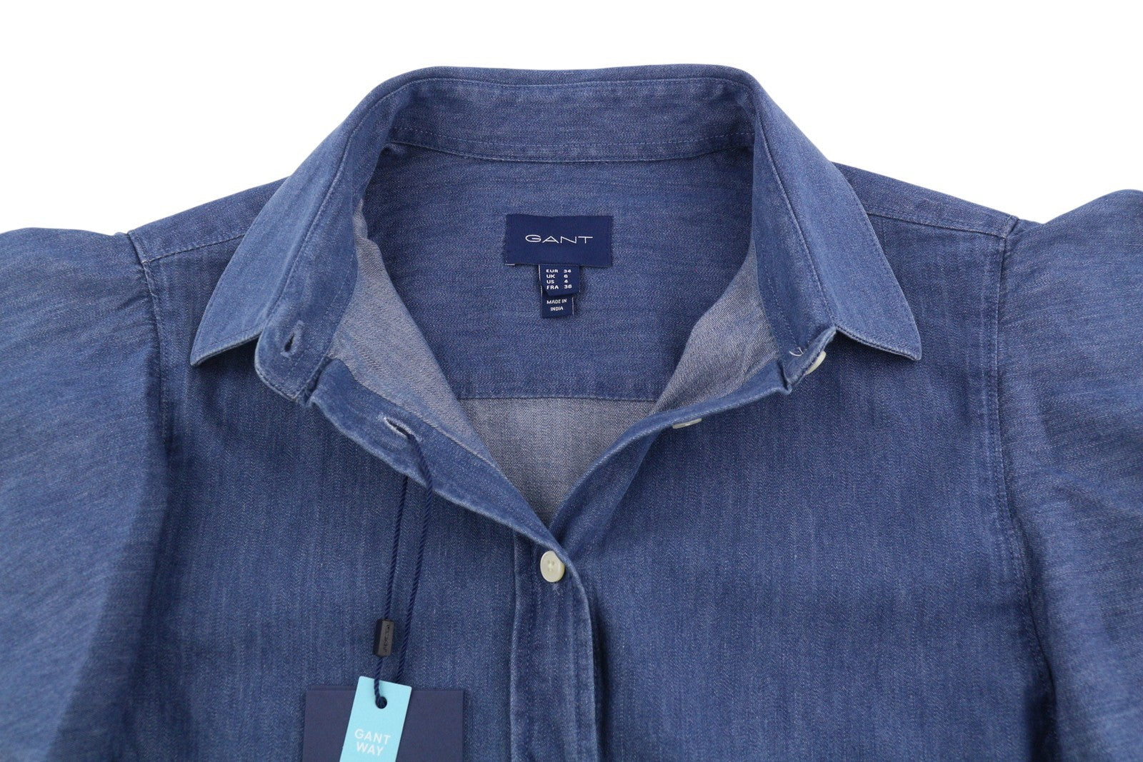 GANT Indigo Ruffle Puff Women Shirt EU34 Indigo Button-Up Spread Neck Denim Look