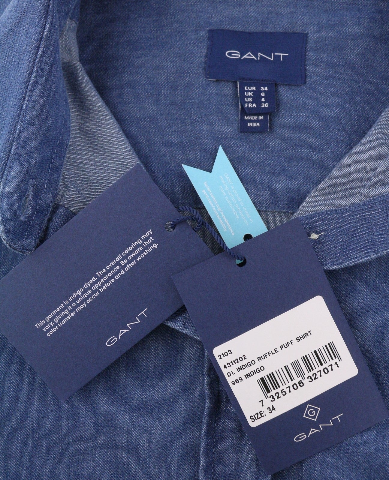 GANT Indigo Ruffle Puff Women Shirt EU34 Indigo Button-Up Spread Neck Denim Look