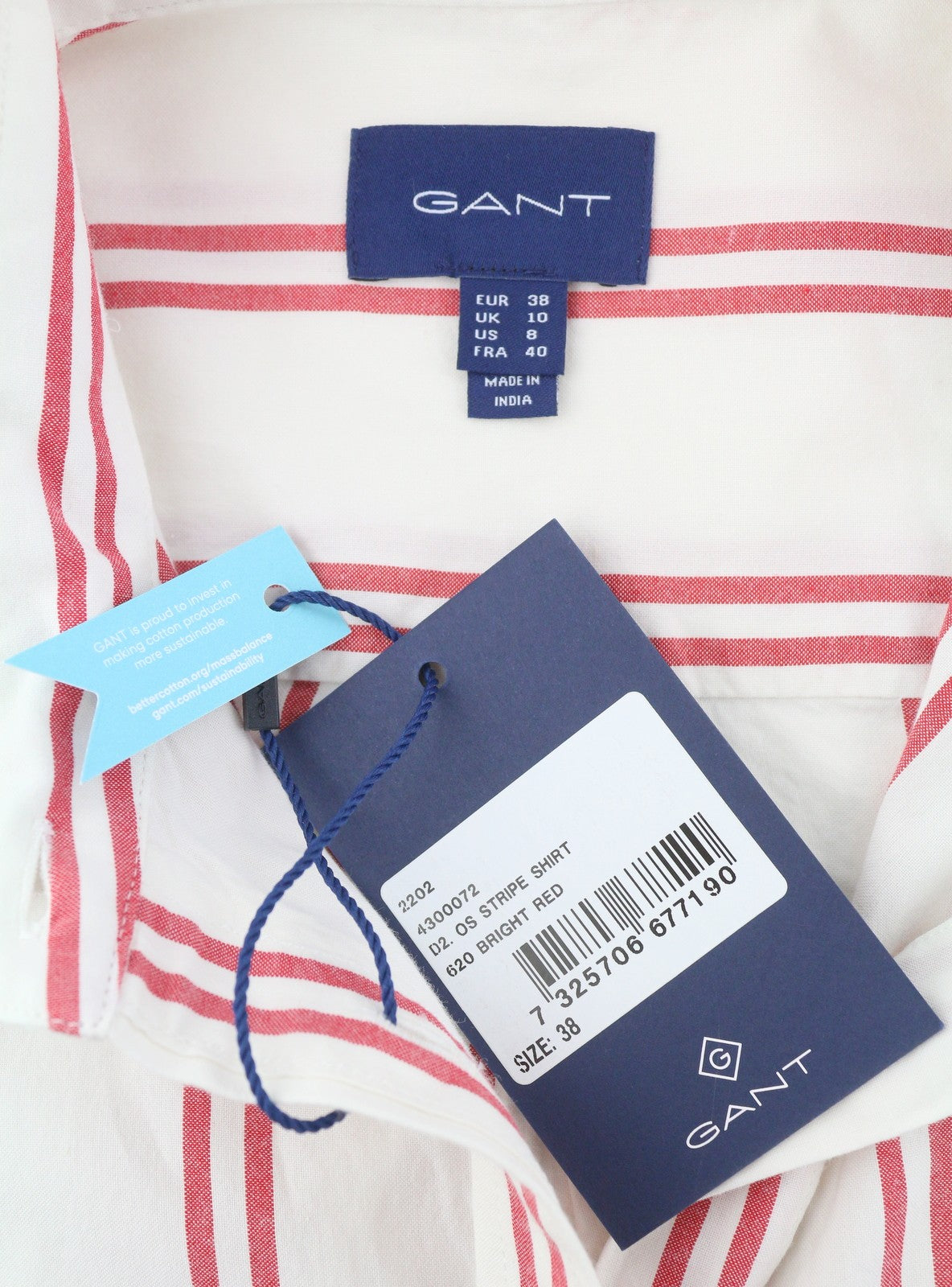 GANT OS Stripe Women Shirt EU38 Bricht Red Patch Pocket Button-Up Casual
