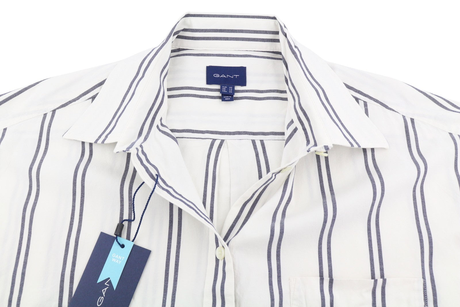 GANT OS Stripe Women Shirt EU42 Classic Blue Patch Pocket Button-Up Casual