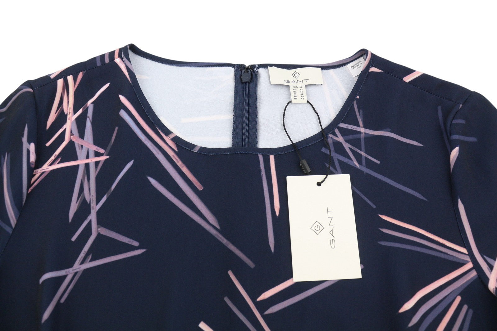 GANT Printed Pencil Women Dress EU42 Marine Round Neck Long Sleeve Knee-Length