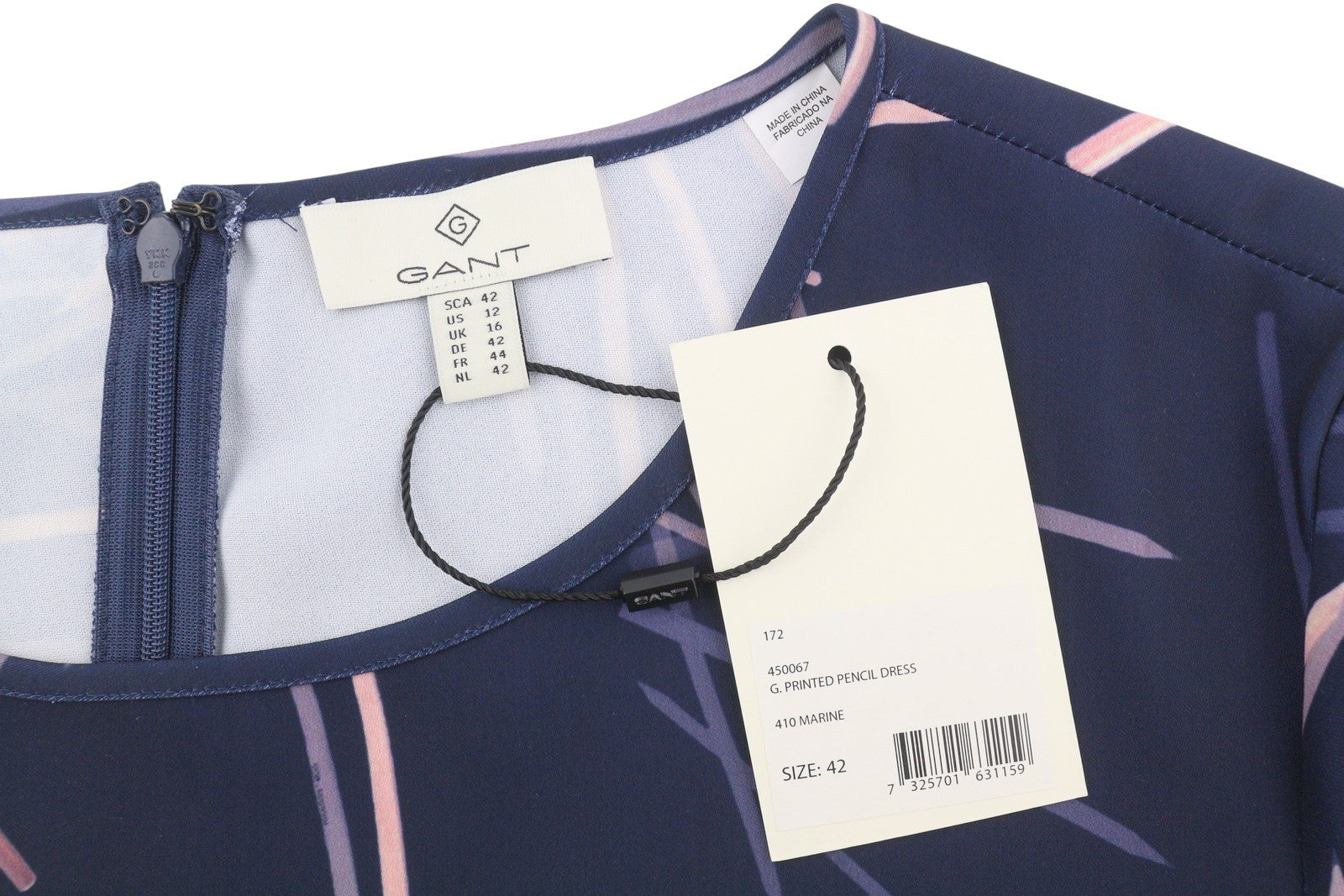 GANT Printed Pencil Women Dress EU42 Marine Round Neck Long Sleeve Knee-Length