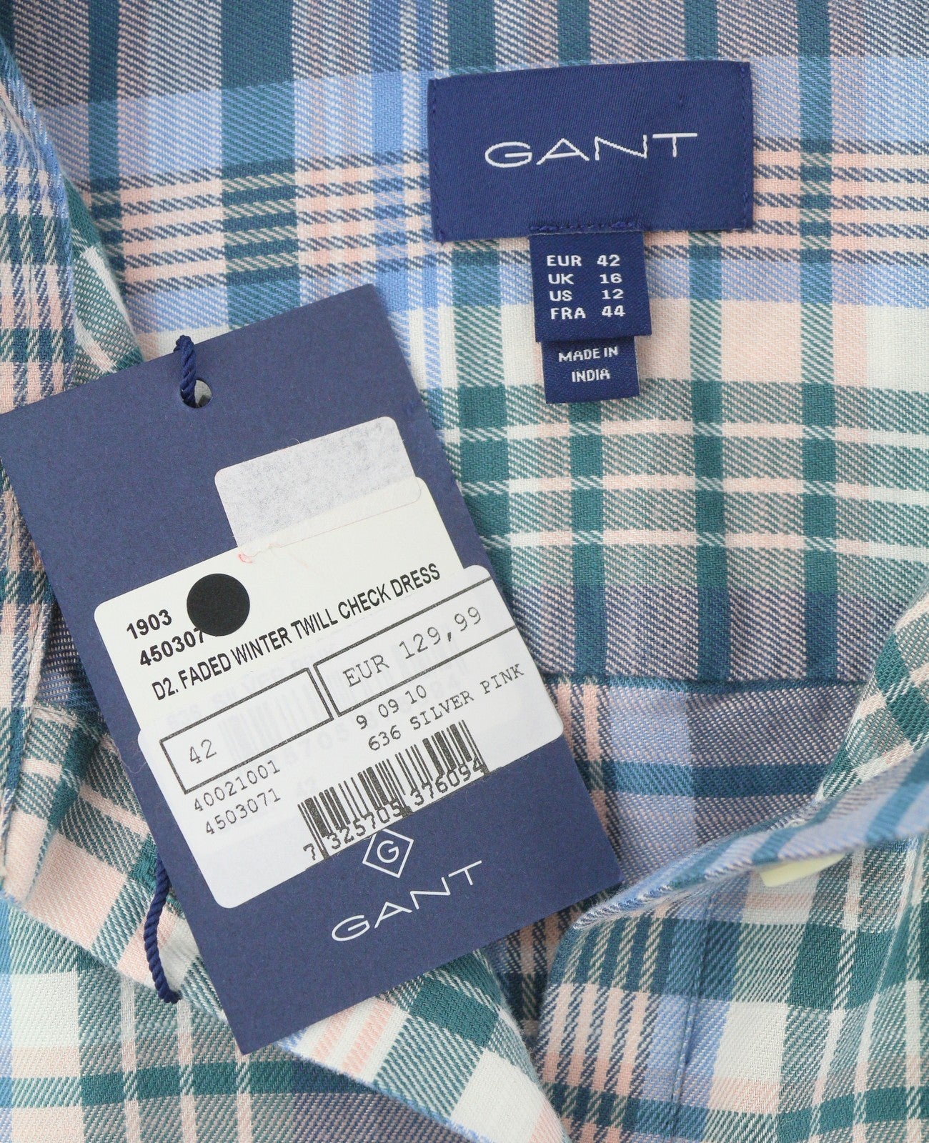 GANT Faded Winter Twill Check Women Dress EU42 Silver Pink Straight Knee-Length