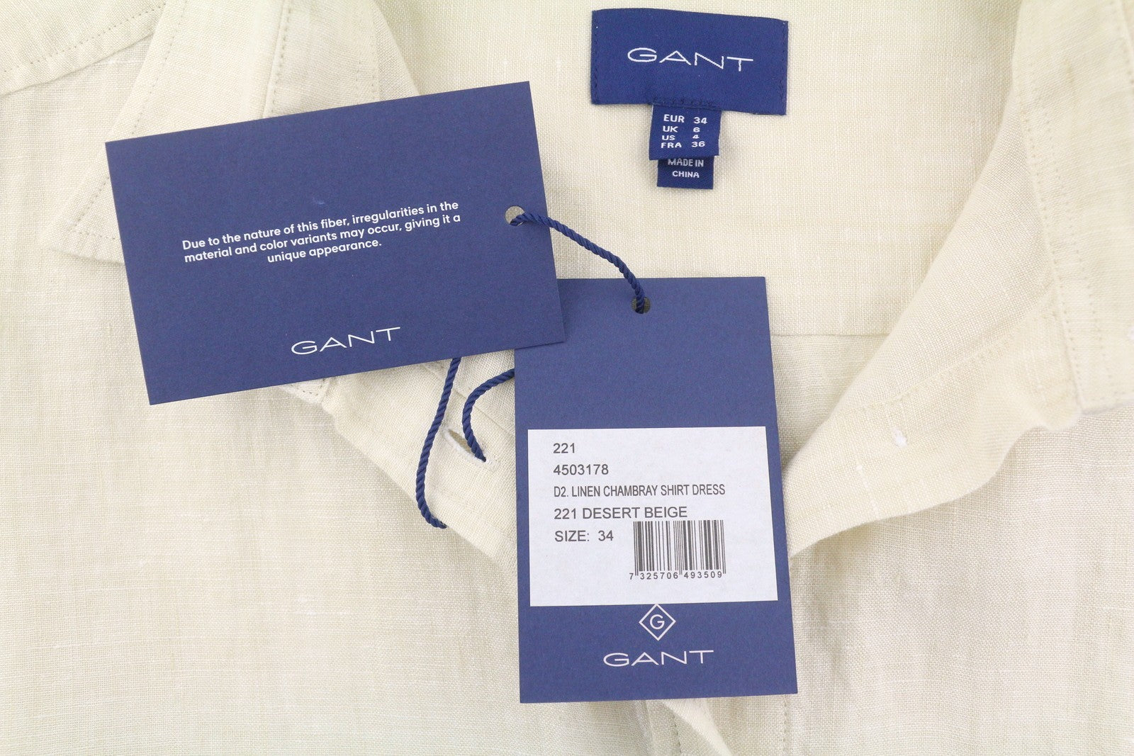 GANT Linen Chambray Shirt Women Dress EU34 Desert Beige Button-Up Knee-Length