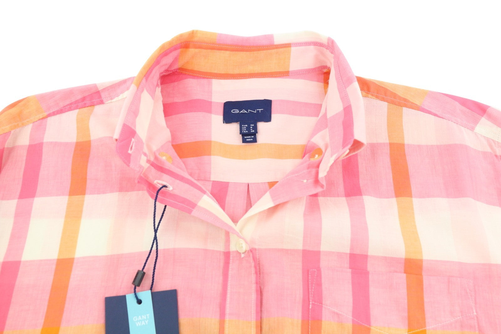 GANT Rel Wide Cuff Madras Women Shirt EU36 Preppy Pink Button-Up Oversized