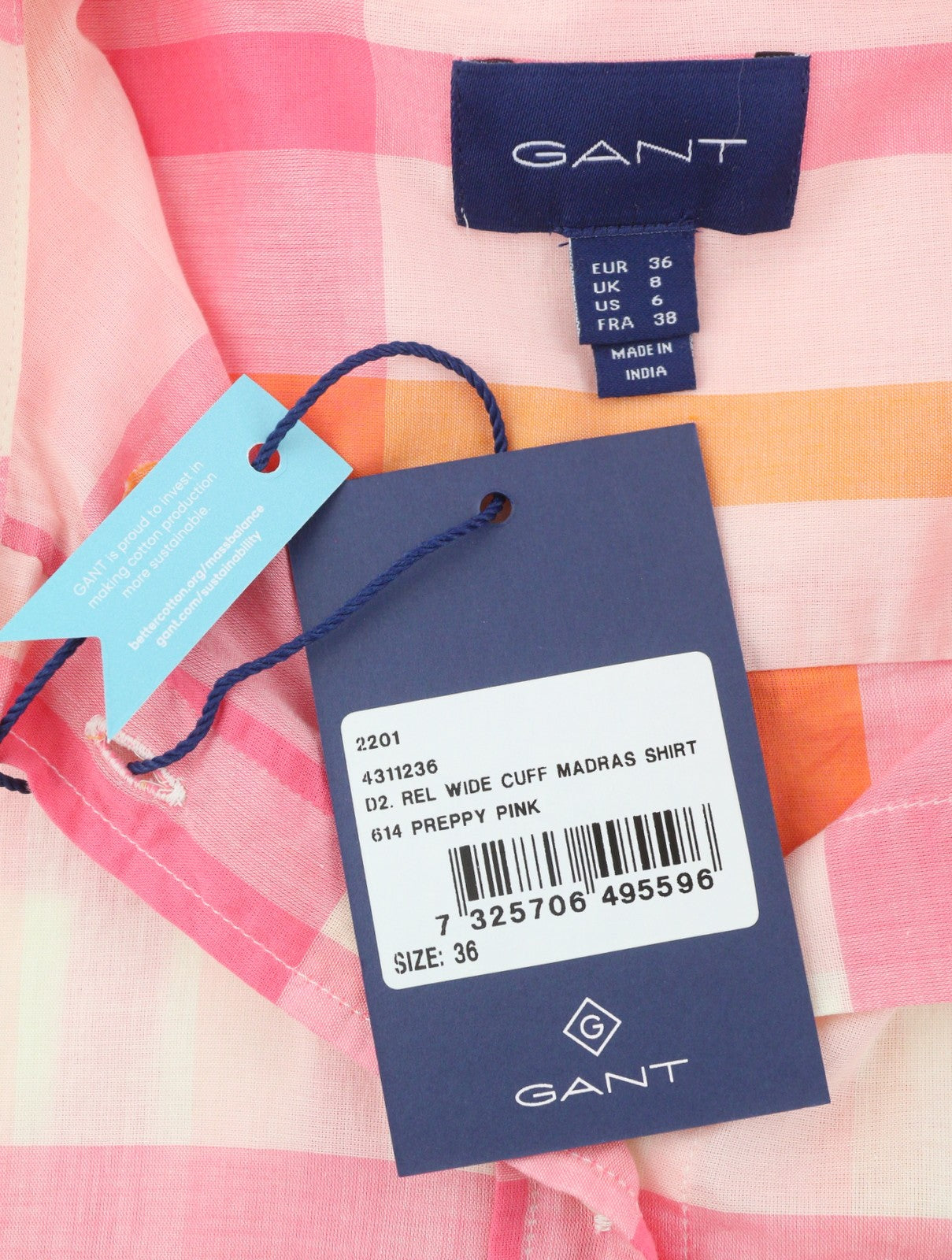 GANT Rel Wide Cuff Madras Women Shirt EU36 Preppy Pink Button-Up Oversized