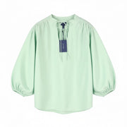 GANT Pop Over Women Blouse EU40 Porcelain Green V-Neck Ties Relaxed 3/4 Sleeves