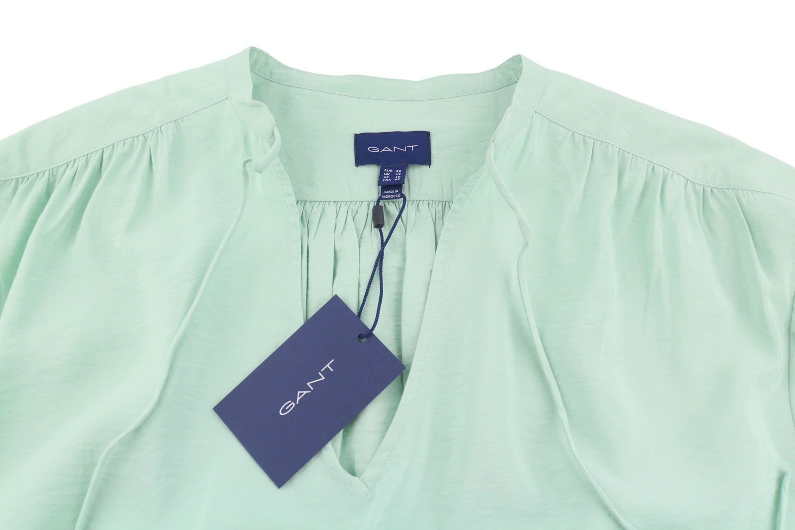 GANT Pop Over Women Blouse EU40 Porcelain Green V-Neck Ties Relaxed 3/4 Sleeves