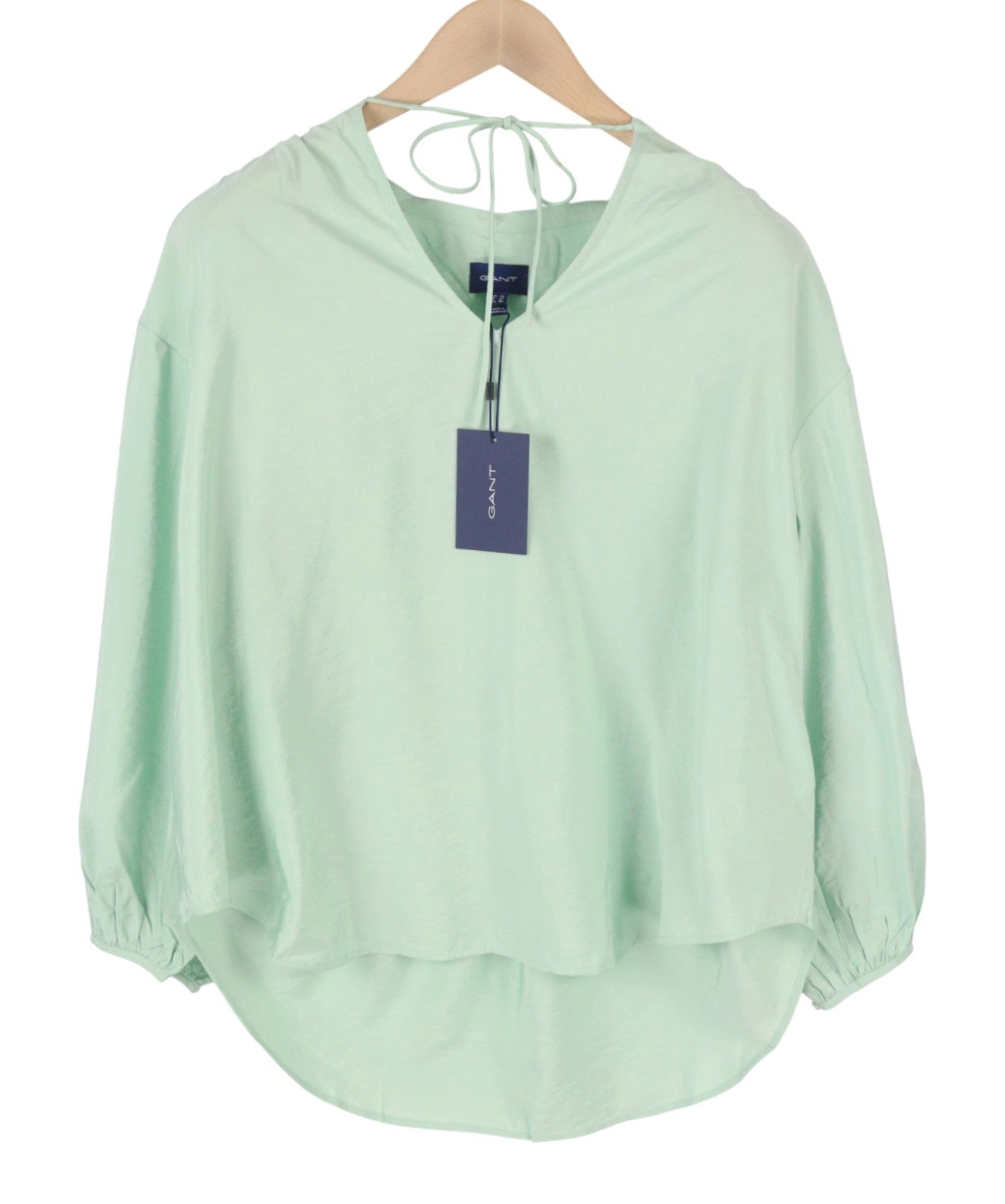 GANT Pop Over Women Blouse EU40 Porcelain Green V-Neck Ties Relaxed 3/4 Sleeves