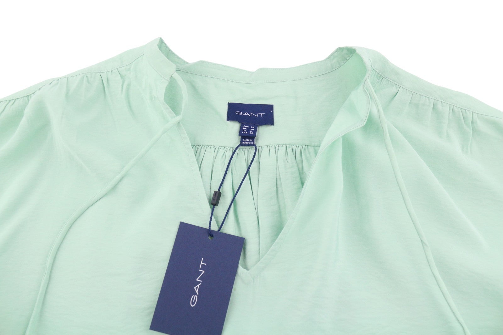 GANT Pop Over Women Blouse EU38 Porcelain Green V-Neck Ties Relaxed 3/4 Sleeves