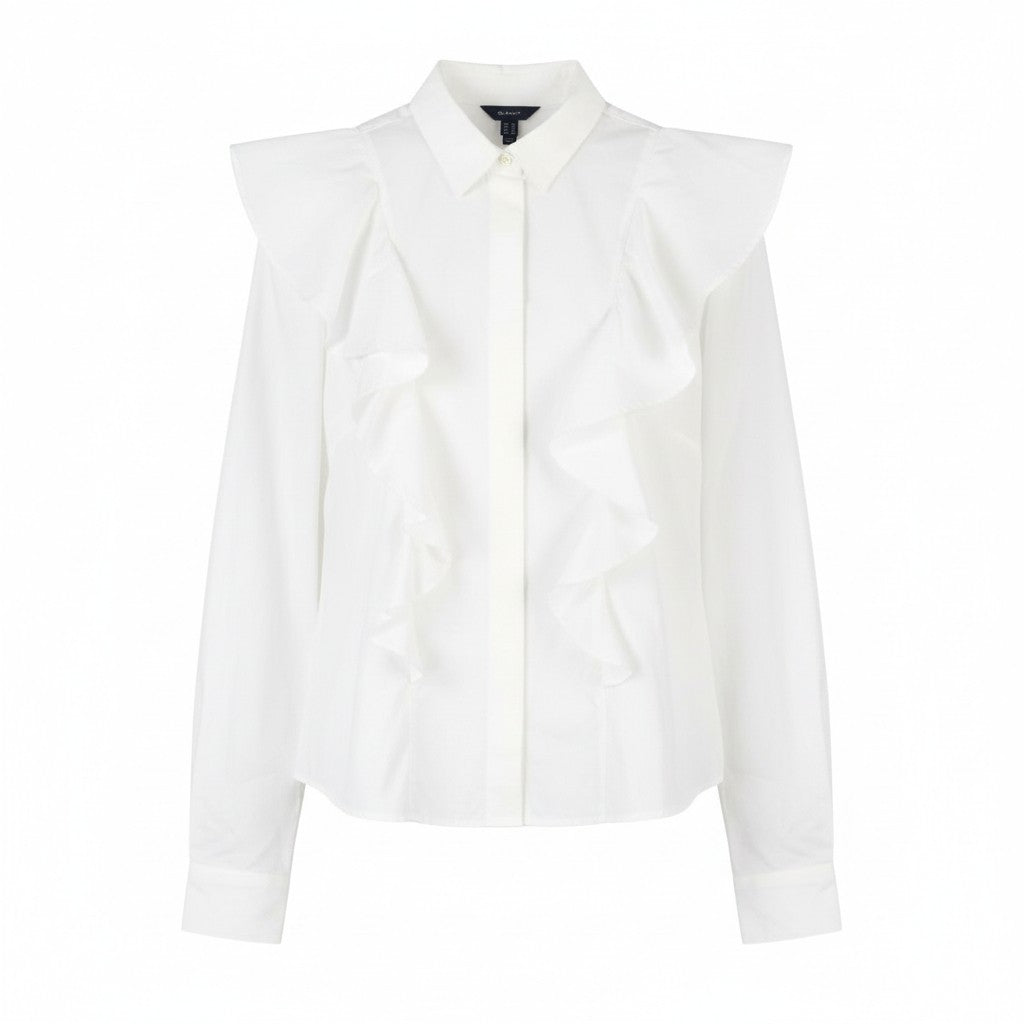 GANT Frill Women Shirt EU46 White Oxford Ruffle Button-Up Spread Neck