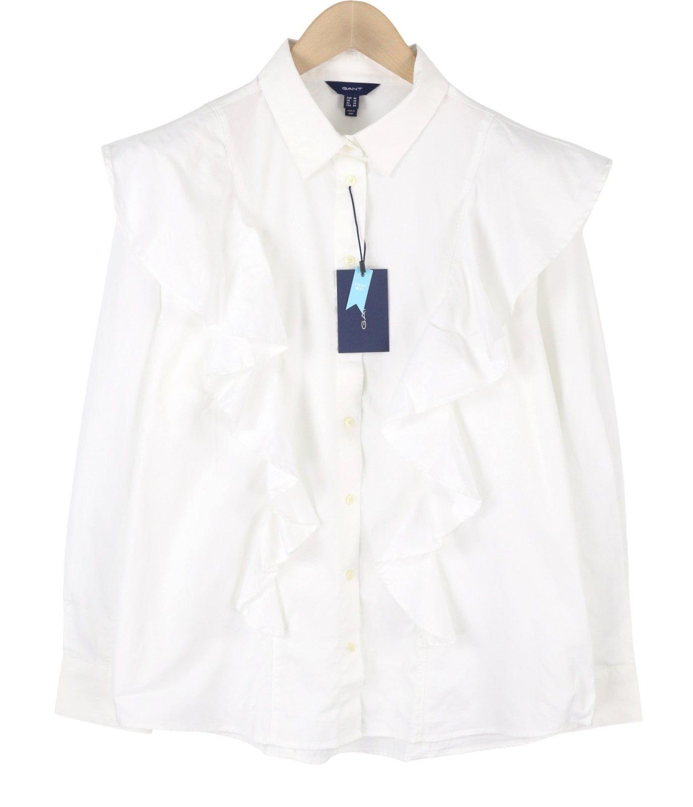 GANT Frill Women Shirt EU46 White Oxford Ruffle Button-Up Spread Neck