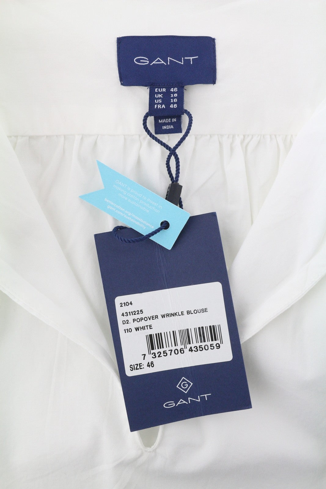 GANT Popover Wrinkle Women Blouse EU46 White Relaxed Fit Long Balloon Sleeves