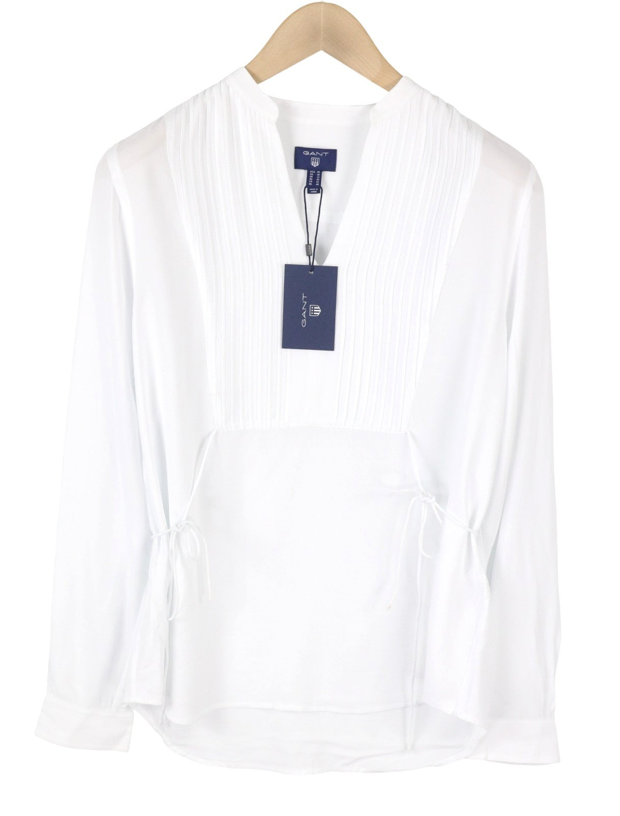 GANT Bib Women Blouse EU40 White Pleated V-Neck Side Tied Long Sleeve