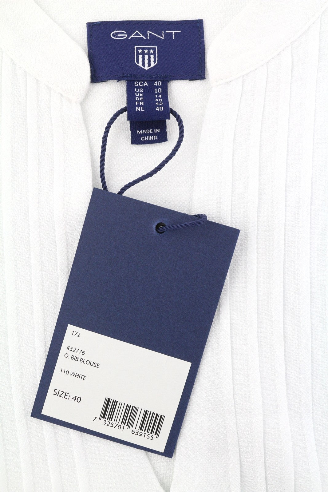 GANT Bib Women Blouse EU40 White Pleated V-Neck Side Tied Long Sleeve