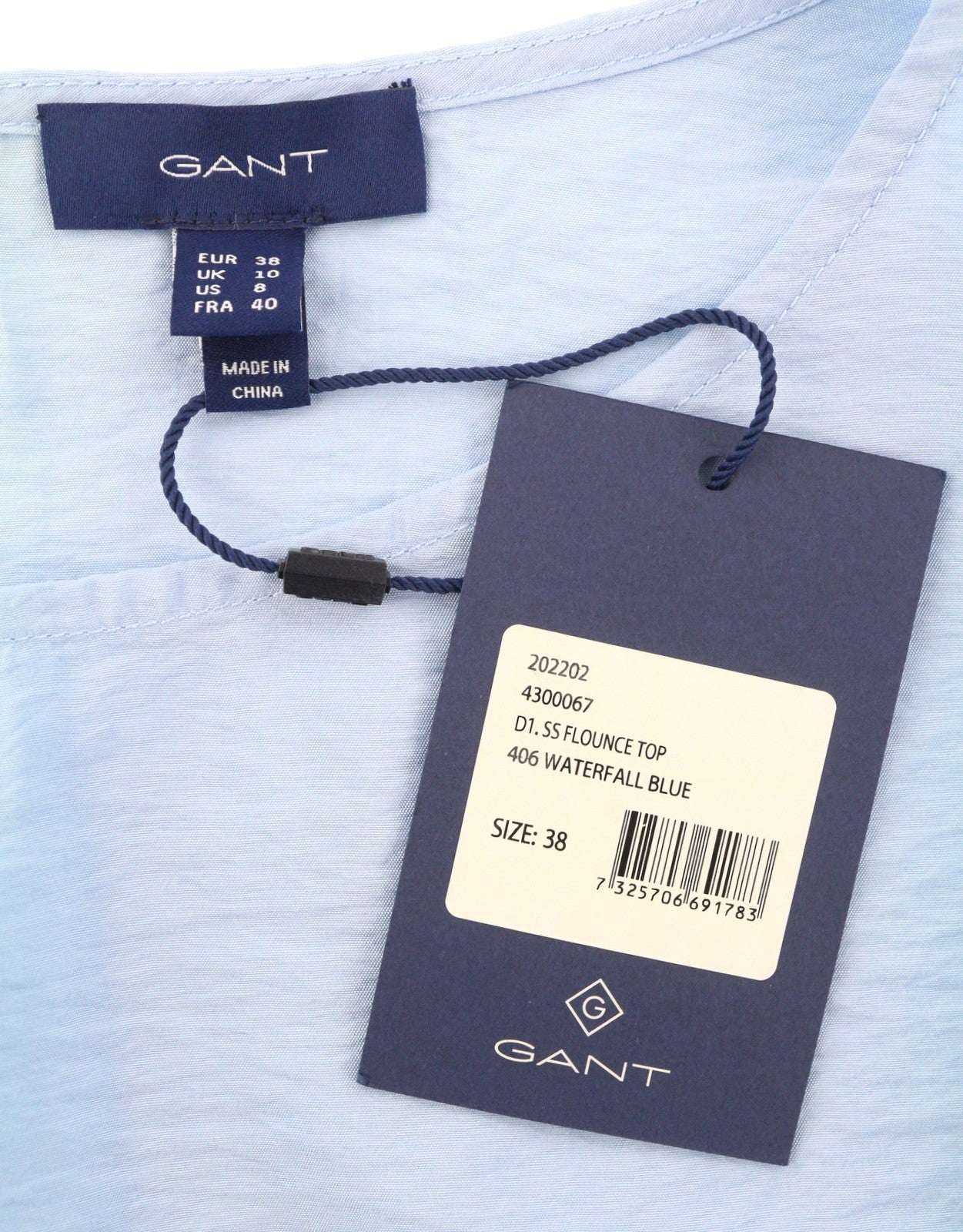 GANT SS Flounce Women Blouse EU38 Waterfall Blue Relaxed Fit Puff Sleeves