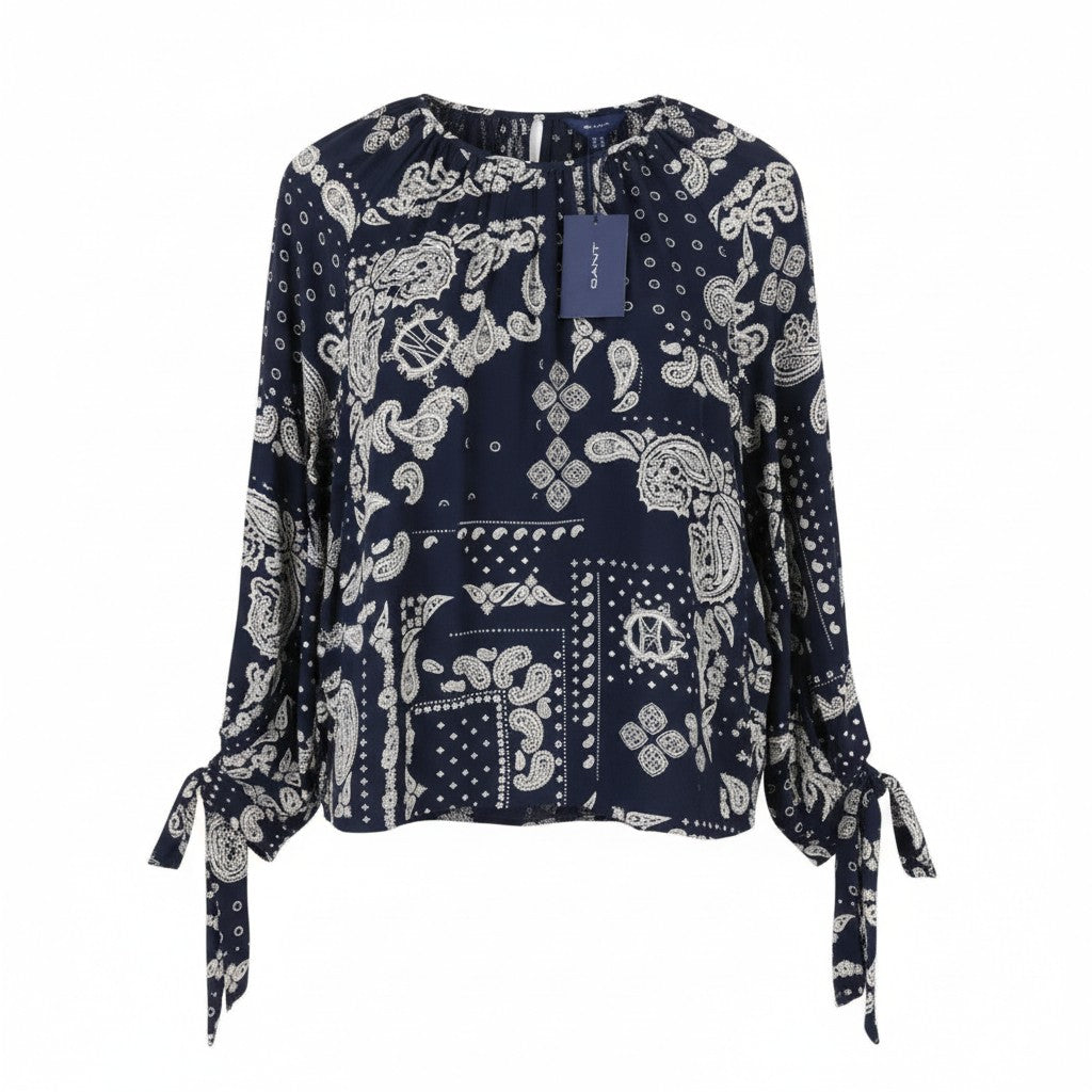 GANT Paisley Women Blouse EU38 Evening Blue Round Neck Relaxed Fit