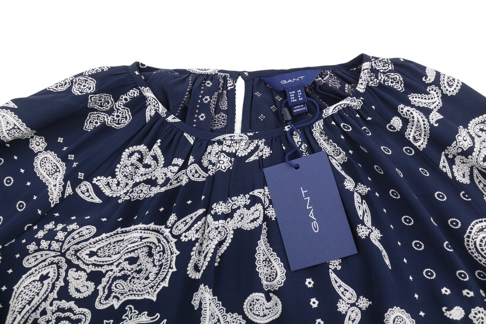 GANT Paisley Women Blouse EU38 Evening Blue Round Neck Relaxed Fit