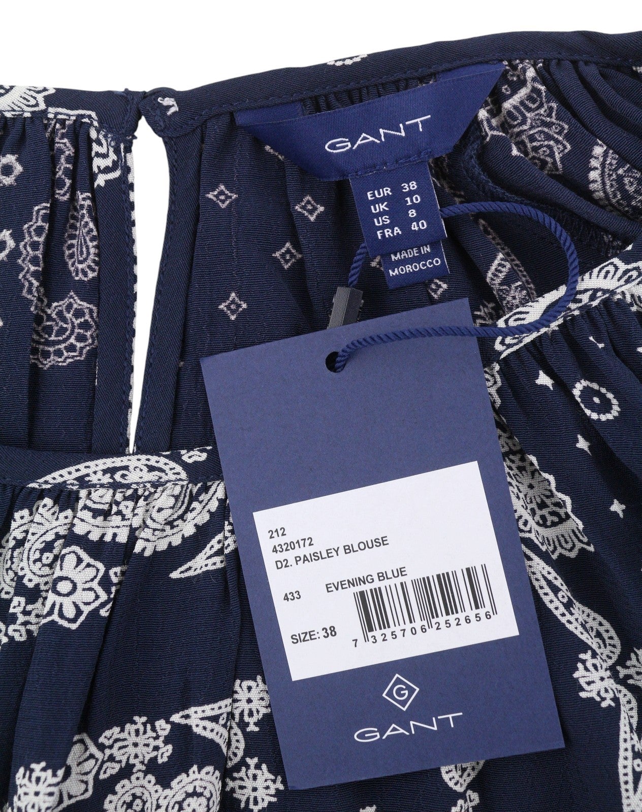 GANT Paisley Women Blouse EU38 Evening Blue Round Neck Relaxed Fit