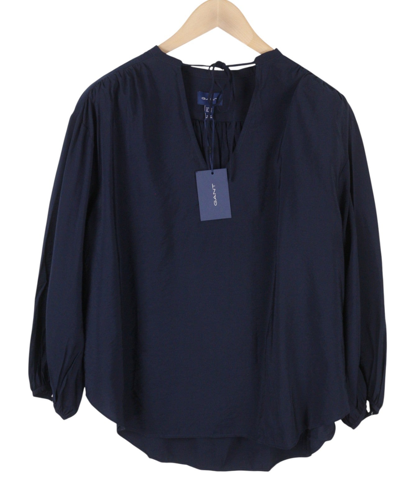 GANT Pop Over Women Blouse EU44 Classic Blue V-Neck Ties Relaxed 3/4 Sleeves