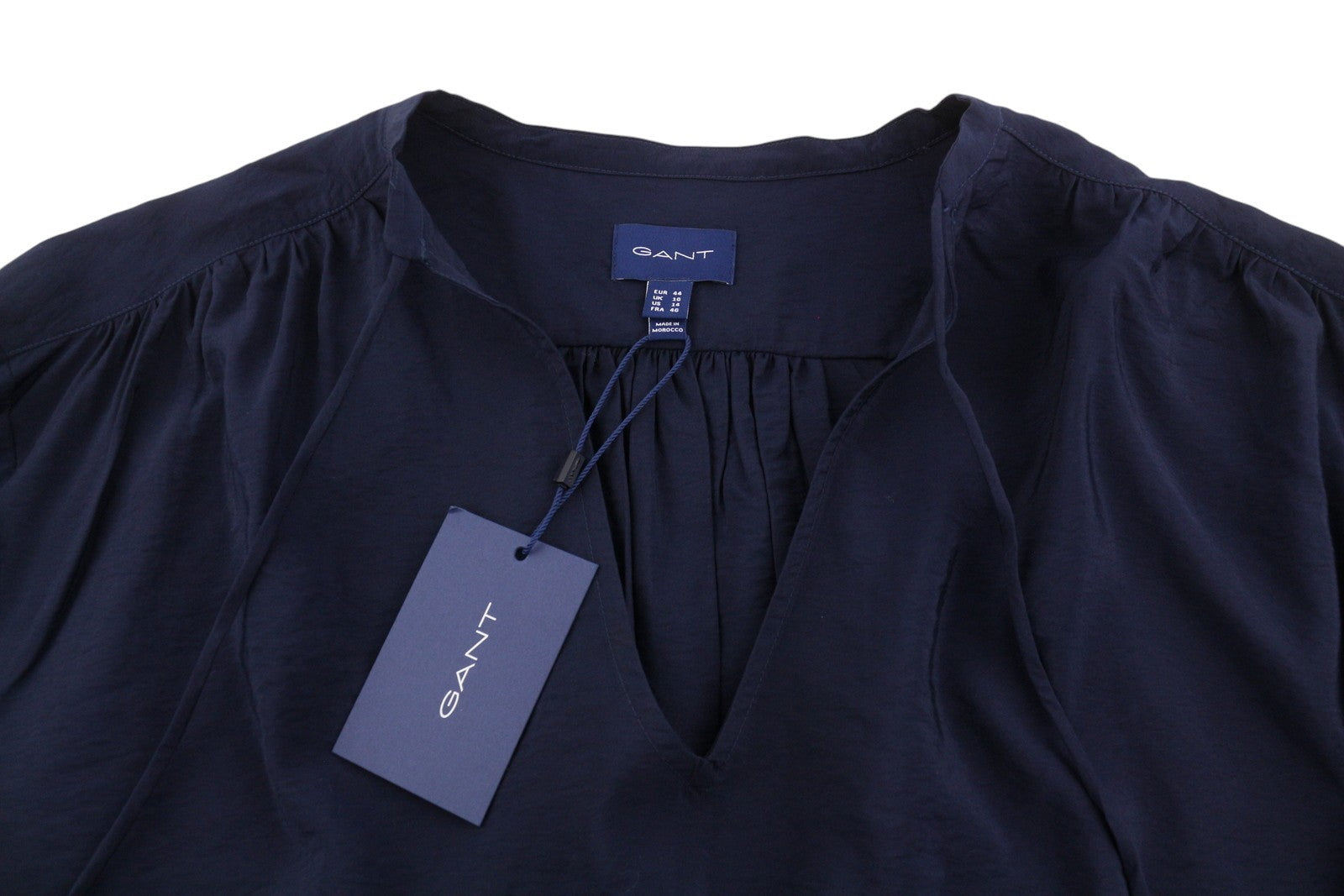 GANT Pop Over Women Blouse EU44 Classic Blue V-Neck Ties Relaxed 3/4 Sleeves