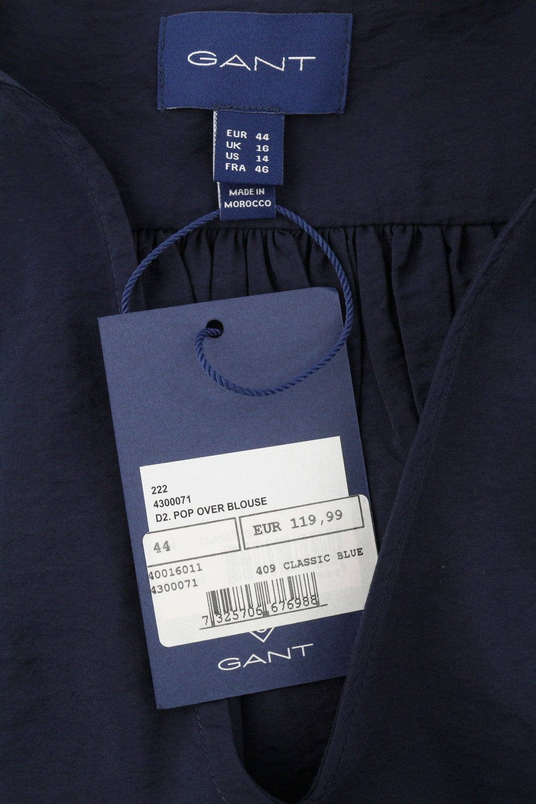 GANT Pop Over Women Blouse EU44 Classic Blue V-Neck Ties Relaxed 3/4 Sleeves