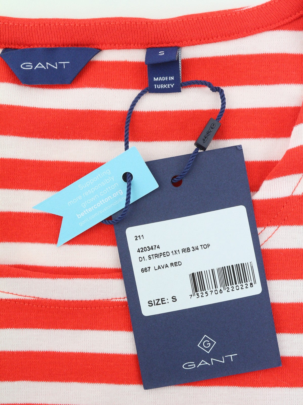 GANT Striped 1x1 Rib 3/4 Women T-Shirt S Lava Red Round Neck Tricot Stretch