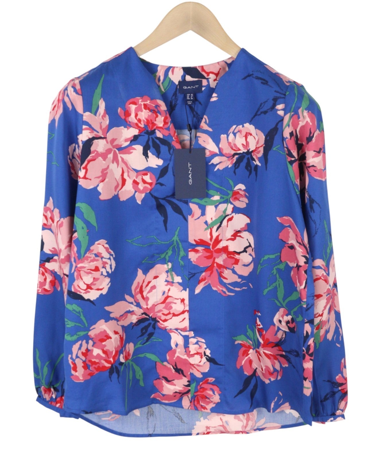 GANT Peonies Print Women Blouse EU38 Bright Cobalt V-Neck Floral Long Sleeve