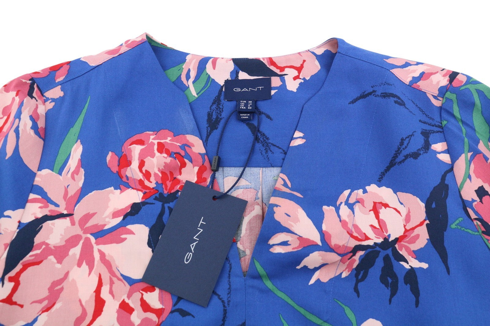 GANT Peonies Print Women Blouse EU38 Bright Cobalt V-Neck Floral Long Sleeve