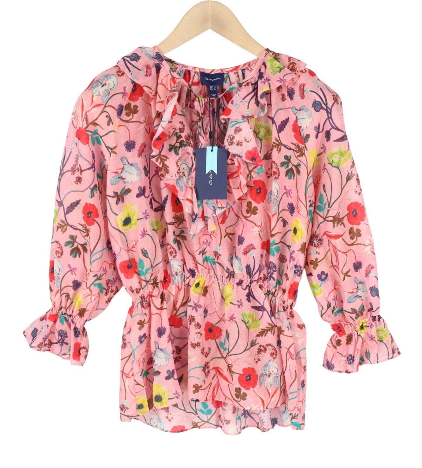 GANT Wild Floral Flounce Women Blouse EU36 Preppy Pink 3/4 Balloon Sleeves